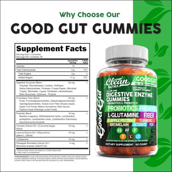 Digestive Enzymes with Probiotics and Prebiotics For Digestive Health Gummies + L-Glutamine For Gut Health Bromelain Turmeric Licorice Fiber Apple Pectin Inulin FOS Plant Pased Vegan Gummy Vitamins - Image 9