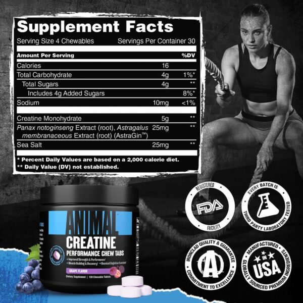 Animal Creatine Chews Tablets - Enhanced Creatine Monohydrate with AstraGin to Improve Absorption, Sea Salt for Added Pumps, Delicious and Convenient Chewable Tablets - Grape - Image 5