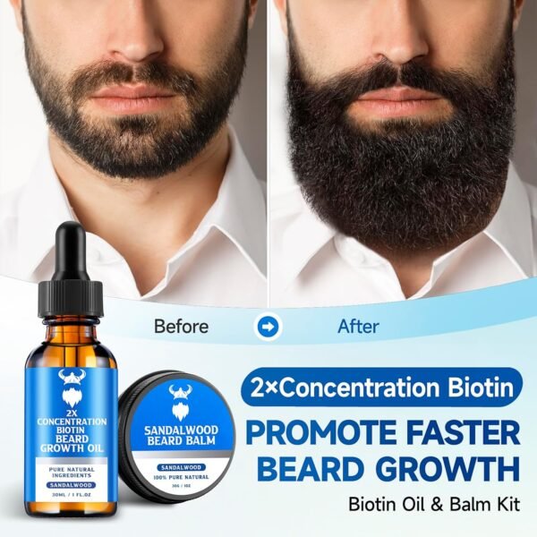 Beard Growth Oil & Beard Balm - Beard Growth Kit with 2X Concentration Biotin for Men, Natural Ingredients with Argan Oil, Jojoba Oil and Vitamin (Sandalwood) - Image 3