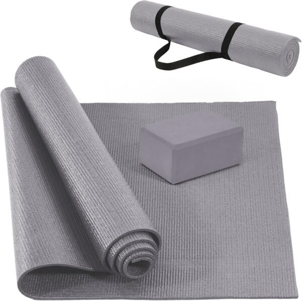 All Purpose 1/4-Inch High Density Anti-Tear Exercise Yoga Mat with Carrying Strap and Yoga Blocks, Gray - Image 2