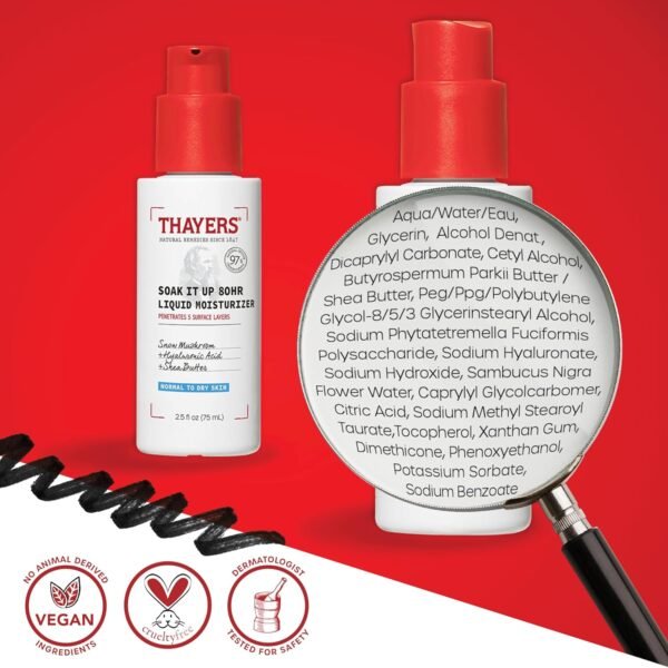THAYERS Soak It Up 80HR Liquid Moisturizer, Face Moisturizer with Hyaluronic Acid and Snow Mushroom, Dermatologist Tested Skin Care for Normal to Dry Skin, 2.5 Oz - Image 8