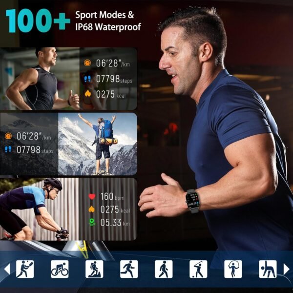 Smart Watch for Men, Smartwatches with Call and Text, Heart Rate/SpO2/Sleep/Stress Monitor, IP68 Waterproof Fitness Trackers, 100+ Sports Modes, Compatible with iPhone and Android, (Black, 1.85") - Image 6
