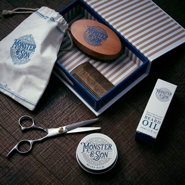 Monster&Son Premium 7-Item Organic Beard Kit - Beard Oil, Beard Balm, Beard Brush, Beard Comb, Scissors, Canvas Travel Bag - Male Grooming Kit in Gift Box - Great Mens Birthday Gift - Father's Day - Image 3