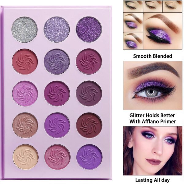 Afflano Purple Eyeshadow Palette Makeup Matte Glitter, Highly Pigmented Pink Eye Makeup Pallet, Dream Purple Pink Dark Red Violet Cute Bright Shimmer Travel Eyeshadow Pallet for Girl Women - Image 3
