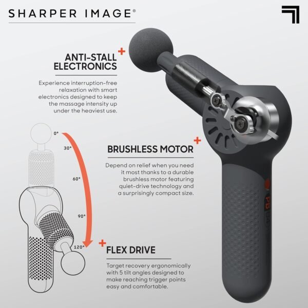 Sharper Image Powerboost Flex Percussion Massager, 120° Pivot Massage Gun, 6 speeds, 4 Attachments, Neck Back & Full Body Massage, Compact Pain Relief, Portable Athlete Muscle Recovery, Gifts for Men - Image 7