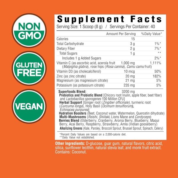 COUNTRY FARMS Immune Defense Superfoods, Immune Support Supplement, Vitamin C with Black Elderberry, Echinacea, Turmeric, Supports Hydration, with Probiotics and Prebiotics, Berry Flavor, 40 Servings - Image 3