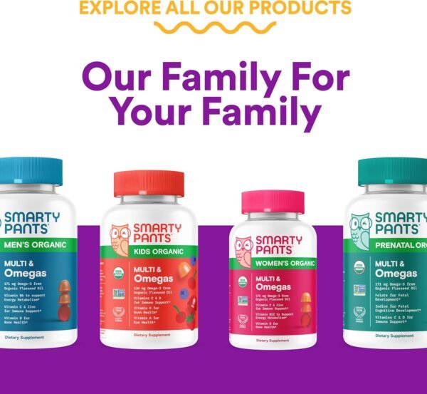 SmartyPants Organic Toddler Multivitamin Gummies: Probiotics, Omega 3 (ALA), Vitamin D3, C, Vitamin B12, B6, A, K & Zinc, Beta Carotene, Gluten Free, Three Fruit Flavors, 60 Count (30 Day Supply) - Image 11