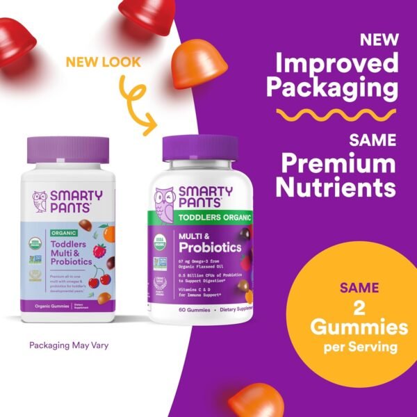SmartyPants Organic Toddler Multivitamin Gummies: Probiotics, Omega 3 (ALA), Vitamin D3, C, Vitamin B12, B6, A, K & Zinc, Beta Carotene, Gluten Free, Three Fruit Flavors, 60 Count (30 Day Supply) - Image 3