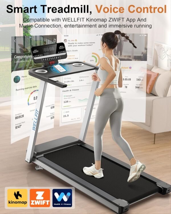 3.5HP Incline Foldable Treadmill for Home 350+ lb Capacity, Voice Control Smart Treadmill Work with WELLFIT KINOMAP, 18IN Widen Belt|Heart Rate Monitor|Music Player|12 Preset Programs - Image 4