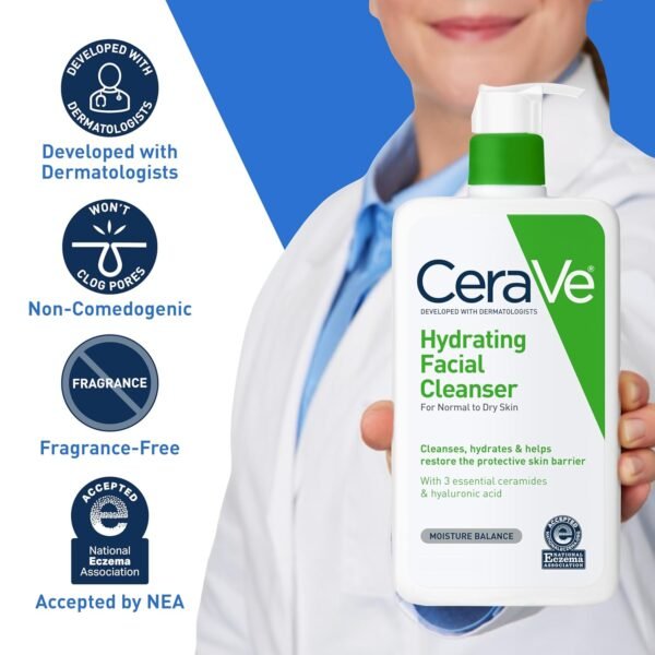 CeraVe Hydrating Facial Cleanser, Moisturizing Face Wash For Dry Skin, Hyaluronic Acid + Ceramides + Glycerin, Hydrating Cleanser For Normal To Dry Skin, National Eczema Association Certified - Image 5
