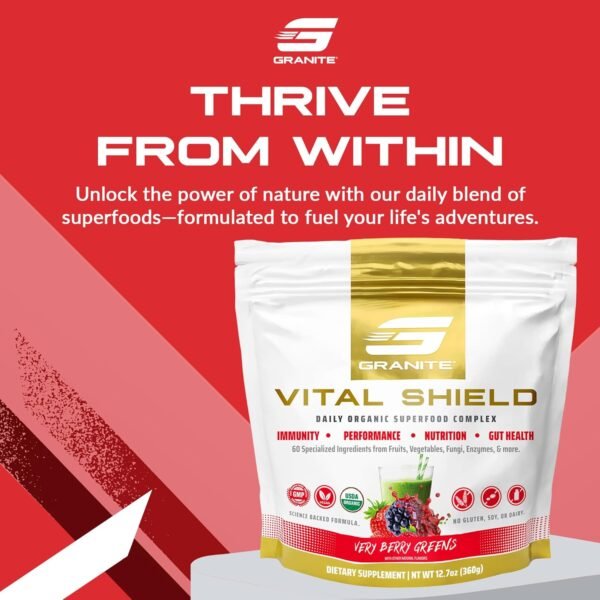 Granite Supplements Vital Shield, Greens Superfood Powder, Very Berry Flavor, Supports Performance, Gut Health, Immunity, & Nutrition (30 Servings) - Image 3