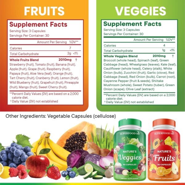 Superfood 180 Fruit and 180 Veggie Capsules -100% Whole Natural Superfood - Maintain Energy Levels, High Lycopene - Grown and Made in The USA (90 Count (Pack of 4) - Image 4