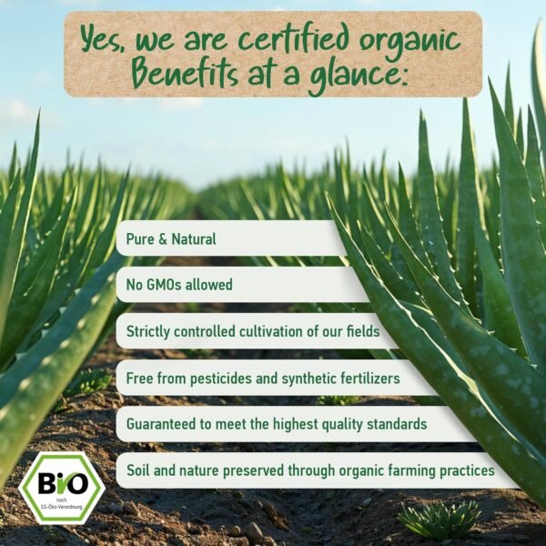 Aloe Vera Gel Organic - Vegan - FROM PURE LEAF JUICE 100% Natural & Pure - Made in Germany - Certified organic according to EU standards - Moisturizer for Face, Skin, Hair, Sunburn relief - Image 8