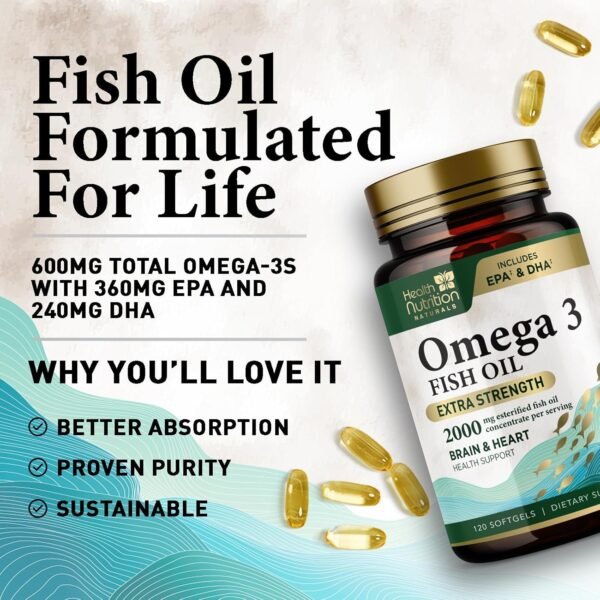 Omega 3 Fish Oil 2000mg Triple Strength Rapid Release Softgels, Omega-3 Supplements, Natural Brain Heart Joint Health & Immune Support - Fatty Acids with EPA & DHA - Fish Oil Supplement - 120 Softgels - Image 6