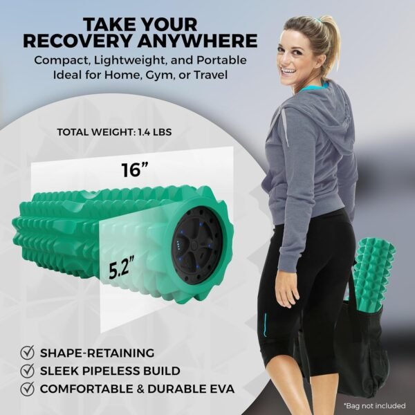 Nordic Lifting Vibrating Foam Roller w/ 5 Intensity Vibration, High Density EVA Foam for Deep Tissue Massage & Muscle Recovery - Ideal for Back Pain, Plantar Fasciitis Relief, Physical Therapy - Green - Image 5