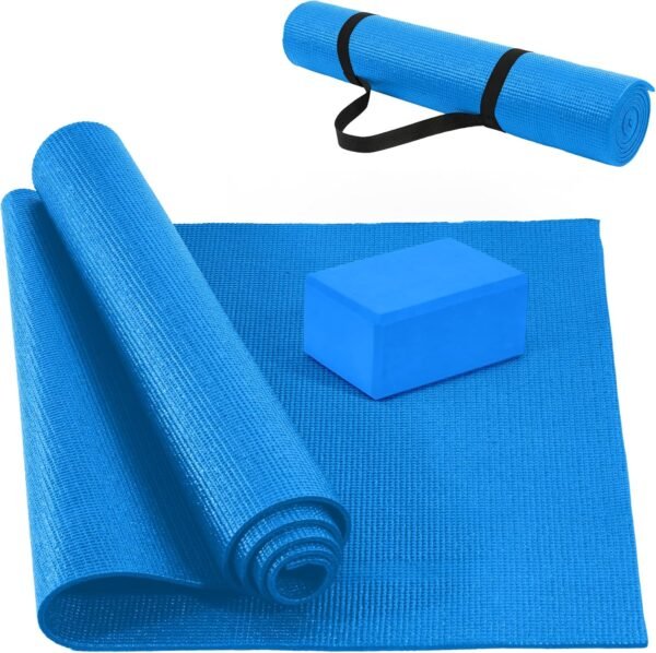 All Purpose 0.25 Inch Thick High Density No Tear Exercise Yoga Mat with Strap & Lightweight Features for Indoor & Outdoor Use, Blue - Image 2