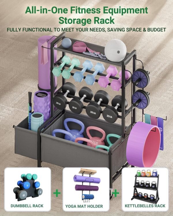 Adjustable Dumbbell Rack, Weight Rack for Dumbbells, Home Gym Storage for Dumbbells Kettlebells Yoga Mat Ball, All in One Workout Equipment Organizer with Caster - Image 7