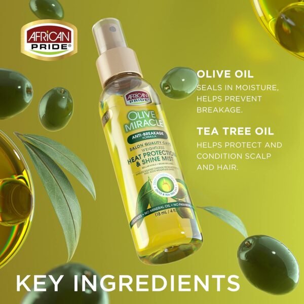 African Pride Olive Miracle Weightless Heat Protection & Hair Shine Mist, Fights Humidity & Shields Against Heat Damage, Enriched with Olive & Tea Tree Oils, 4 oz - Image 4