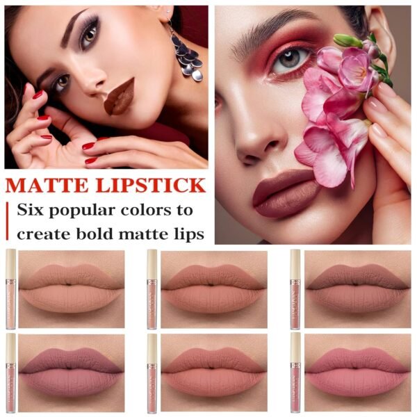 6 Colors Matte Nude Lipstick Set Liquid Lipstick Velvet Lip Gloss Lip Stain Long Lasting Waterproof Nude Pink Lipstick Set for Women Lip Makeup (SET-B) - Image 3