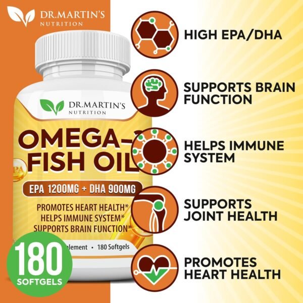Omega 3 Fish Oil 3750mg Triple Strength | EPA 1200mg + DHA 900mg Fatty Acids | Fish Oil Omega 3 Supplement | Promotes Healthy Heart, Immune System, Eyes, Skin & Brain Function | 180 Burpless Softgels - Image 3