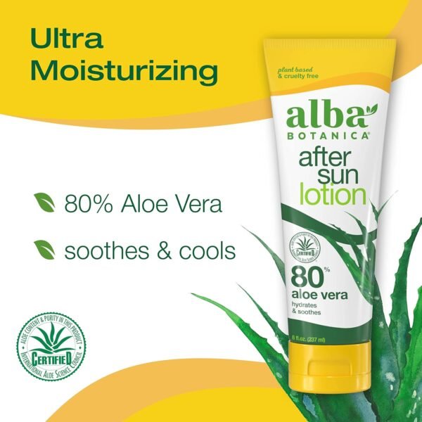 Alba Botanica Aloe Vera Lotion for Skin, Soothing After Sun Treatment for Face and Body, Made with Purity Certified 80% Aloe Vera Gel Formula, 8 fl. oz. Tube (Pack of 2) - Image 2