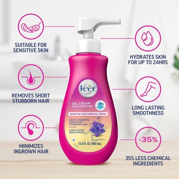 VEET Sensitive Skin Hair Removal Cream For Women, Painless Bikini Hair Removal Gel, Dermatologically Tested Depilatory Cream For Bikini Line, Legs, Arms, Underarms, 13.5 FL OZ Pump Bottle with Tool - Image 4
