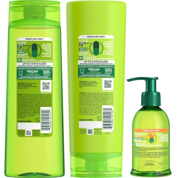 Garnier Fructis Sleek & Shine Shampoo, Conditioner + Anti-Frizz Serum Set for Frizzy, Dry Hair, Argan Oil (3 Items), 1 Kit (Packaging May Vary) - Image 3