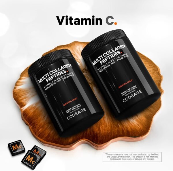 Codeage Multi Collagen Peptides Powder + Probiotics Black Edition, Vitamin C, Hyaluronic Acid Powder Supplement, Grass-Fed, Hydrolyzed, Zero Carbs, Type I, II, III, V & X, Unflavored, 10.58oz - Image 8