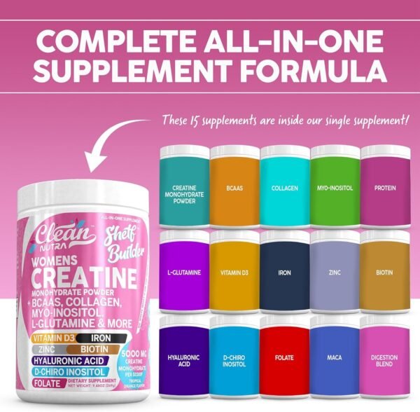 Creatine for Women | Creatine Monohydrate + BCAA Powder Myo-Inositol Collagen Biotin Hyaluronic Acid Folate L Glutamine Vitamin D3 Iron Zinc D-Chiro-Maca Digestion Shelf Builder by Clean Nutra - Image 3
