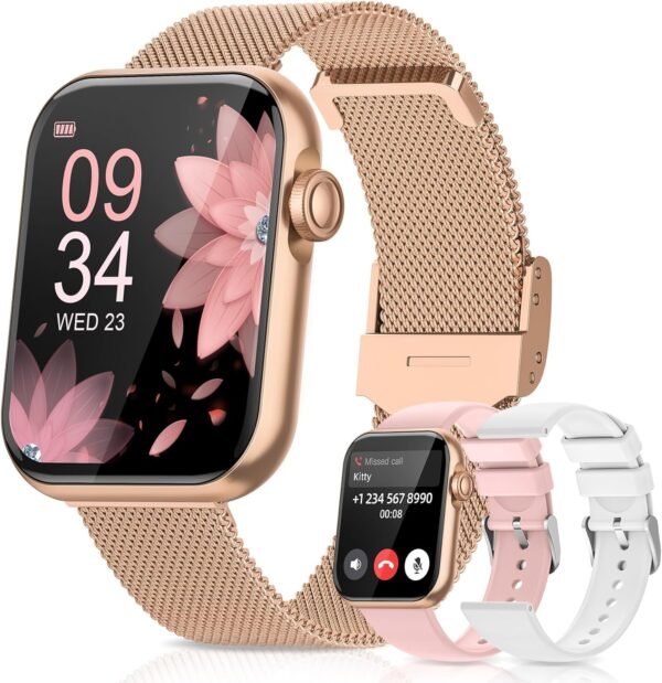 Smart Watches for Women,Fitness Tracker Watch for Android Phones/iPhone Compatible,1.85" Womens Watch with Blood Pressure Monitor,Calls and Messages/Heart Rate/Sleep/Female Cycle(3 Watch Bands) - Image 2