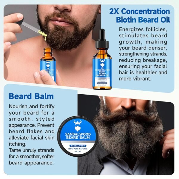Beard Growth Oil & Beard Balm - Beard Growth Kit with 2X Concentration Biotin for Men, Natural Ingredients with Argan Oil, Jojoba Oil and Vitamin (Sandalwood) - Image 7