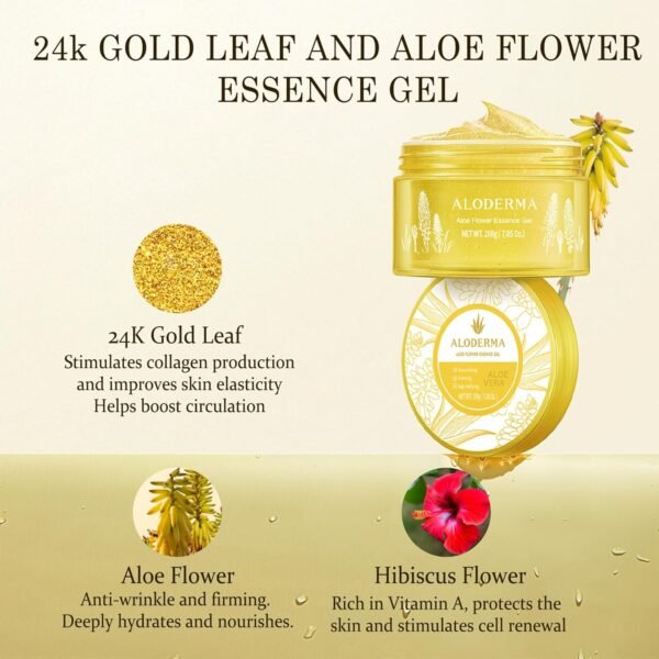 Aloderma Age-Defying 24K Gold Leaf Aloe Flower Essence Gel, Made within 12 Hours of Harvest - Luxurious Aloe Gel with Allantoin & Hyaluronic Acid for a Glowing, Shimmering, Youthful Complexion, 7oz - Image 4