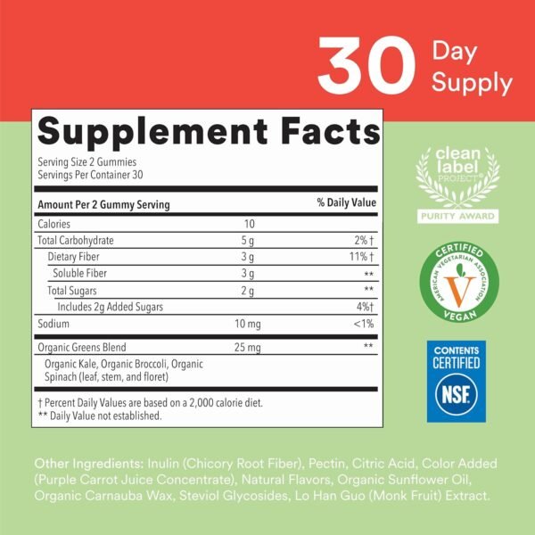 SmartyPants Kids Fiber & Veggies: Prebiotic Fiber Supplement Gummies for Kids with Inulin, Organic Green Veggie Blend, Vegan, Gluten Free, Mixed Berry Flavor, 60 Count (30 Day Supply) - Image 4