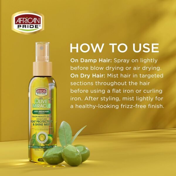 African Pride Olive Miracle Weightless Heat Protection & Hair Shine Mist, Fights Humidity & Shields Against Heat Damage, Enriched with Olive & Tea Tree Oils, 4 oz - Image 3
