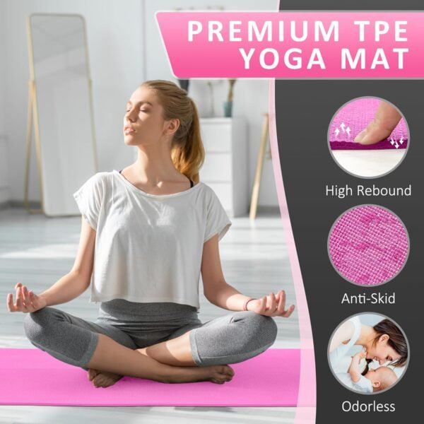 All Purpose 0.25 Inch Thick High Density No Tear Exercise Yoga Mat with Strap & Lightweight Features for Indoor & Outdoor Use, Pink - Image 5