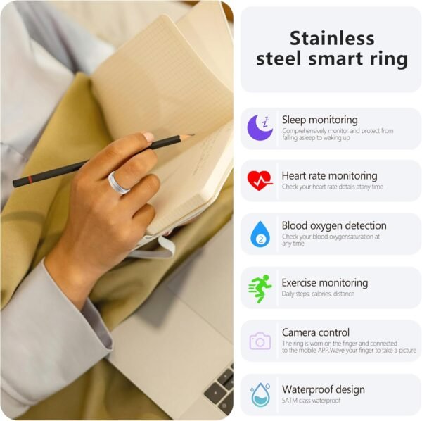 Fitness Tracker Smart Ring for Women & Men,Step Counter,Heart Rate Blood Oxygen Sleep Tracker Health Ring, 5-7 Days Battery Life Smart Rings Compatible with iOS & Android (Silver with Middle Gold, 9) - Image 9