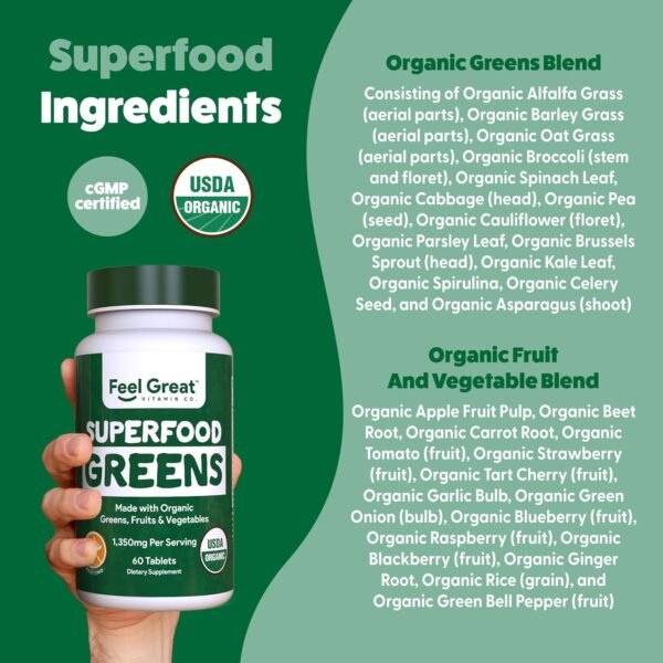 Feel Great Vitamins Super Greens Tablets | Organic Greens, Fruits and Veggies Supplement | Fruit and Veggie Supplement with Kale, Spinach Extract, Green Onion, and More, 60 Tablets - Image 4