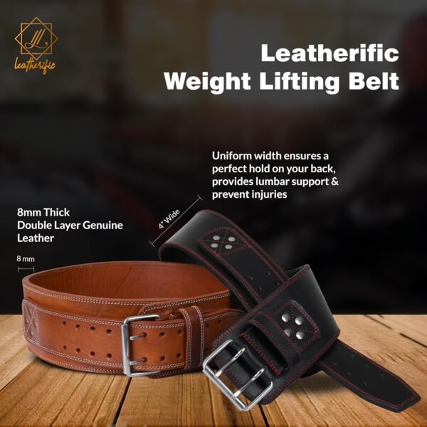 Premium Leather Weight Lifting Belt for Men & Women - 8MM Thick, 4" Wide, Heavy Duty Gym Belt with Steel Buckle for Weightlifting, Powerlifting, Strength Training, Squat or Deadlift Workout, Lower Back Support - Image 5