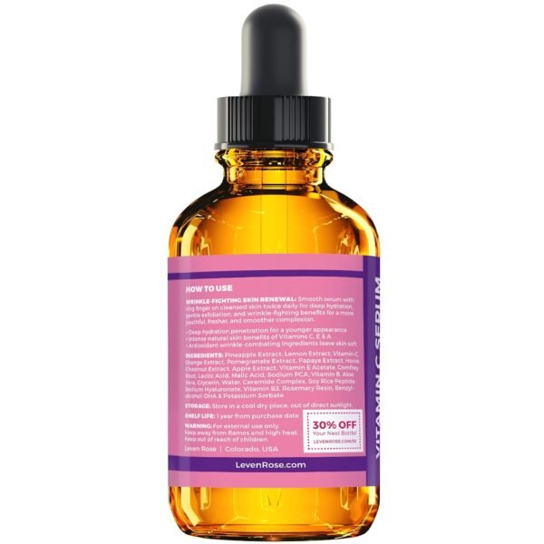 Vitamin C Brightening Serum by Leven Rose 100% Natural Dark Spot Remover for Face for Collagen Boost, Anti-Aging, Deep Hydrating for Dry Skin, Collagen Building Face Moisturizer 1 oz - Image 8