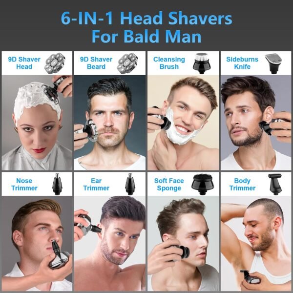 9D Head Shaver for Bald Men, 6-in-1 Bald Head Shavers for Men with Nose Hair Trimmer, Waterproof Electric Razor Grooming Kit, Wet/Dry Detachable Head Shavers with LED Display - Image 3