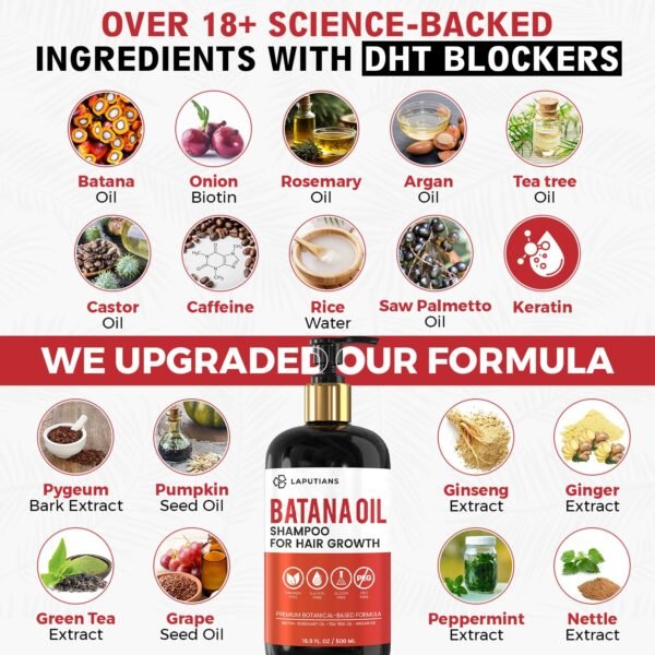 Batana Oil Shampoo for Hair Growth with Over 18+ Natural Ingredients, Rosemary Oil, Onion Biotin, Caffeine, DHT Blocker, Castor Oil, CLINICALLY TESTED, Anti Hair Thinning & Hair Loss, Sulfate Free - Image 3