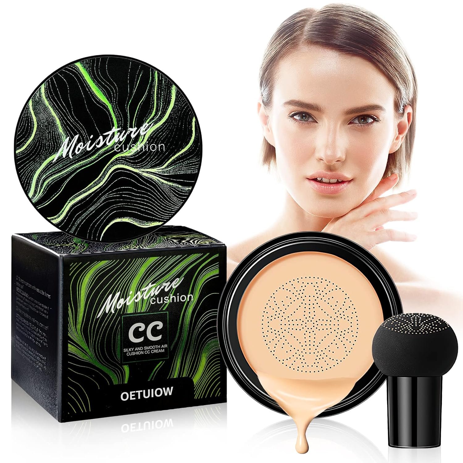 Mushroom Head Air Cushion CC Cream Strong Concealer, Moisturizing BB Cream Makeup Base Primer Even Skin Tone for All Skin Types, Face Makeup Cushion Foundation Long Lasting (Buff Beige) - Image 2