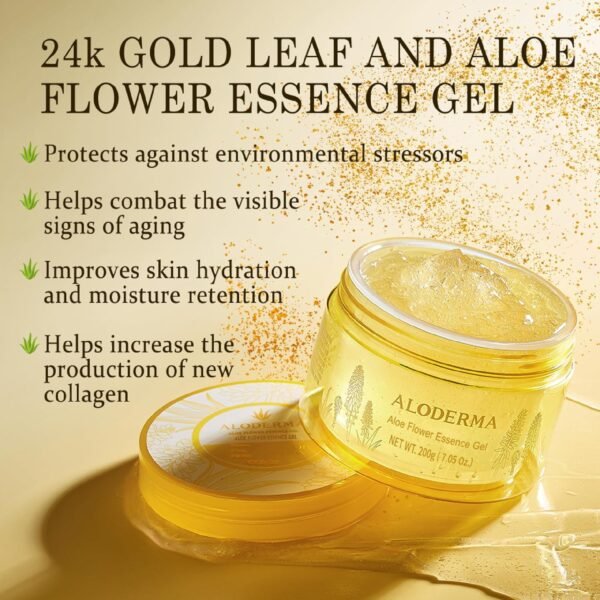 Aloderma Age-Defying 24K Gold Leaf Aloe Flower Essence Gel, Made within 12 Hours of Harvest - Luxurious Aloe Gel with Allantoin & Hyaluronic Acid for a Glowing, Shimmering, Youthful Complexion, 7oz - Image 3