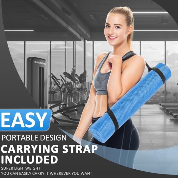 All Purpose 0.25 Inch Thick High Density No Tear Exercise Yoga Mat with Strap & Lightweight Features for Indoor & Outdoor Use, Blue - Image 6