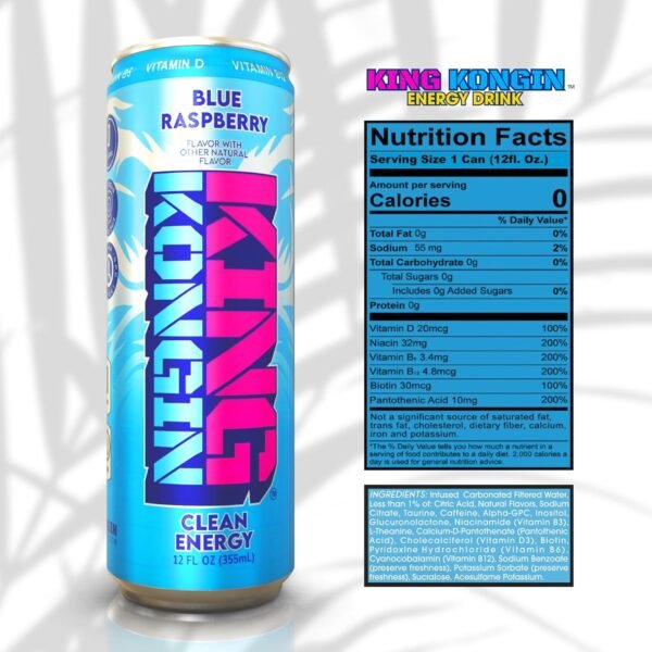 King Kongin Blue Raspberry Sugar Free, zero Calorie Energy Drinks | 200mg of Natural Caffeine Pre Workout Performance with Energy & Focus & No Artificial Colors -Taurine - Gluten-Free & Vegan Antioxidants | Biotin B Vitamins | D vitamins | Zero Sugar | 0 Calories | 12 Fl Oz Cans (12 Pack) - Image 4