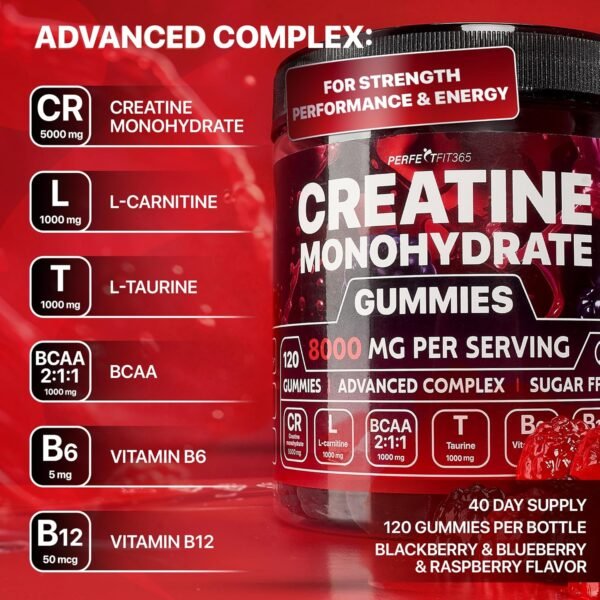 Creatine Monohydrate Gummies Complex 8000mg with L-Carnitine & Taurine, Flavored Creatine for Women and Men with Raspberry, Blueberry & Blackberry Taste, Pre Workout Gummies for Men and Women - 120pcs - Image 4