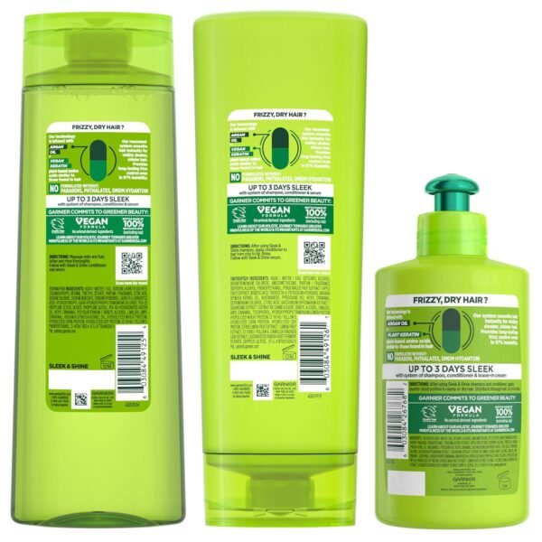 Garnier Fructis Sleek & Shine Shampoo, Conditioner + Leave-In Conditioer Set for Frizzy, Dry Hair, Plant Keratin + Argan Oil (3 Items), 1 Kit (Packaging May Vary) - Image 12