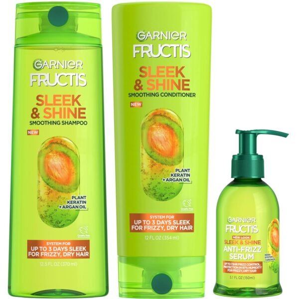 Garnier Fructis Sleek & Shine Shampoo, Conditioner + Anti-Frizz Serum Set for Frizzy, Dry Hair, Argan Oil (3 Items), 1 Kit (Packaging May Vary) - Image 2