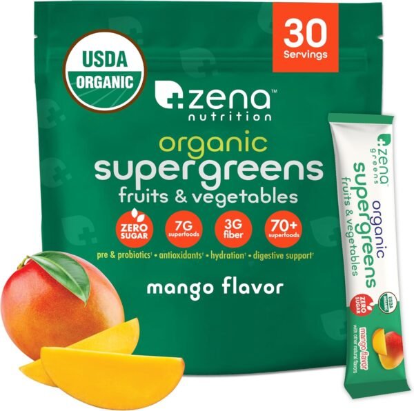 Zena Organic Super Greens Powder, 70+ Superfoods Drink Mix, 0 Sugar, 3G Fiber, Fruits, Veggies, Spirulina, Chlorella, Antioxidants, Pre & Probiotics, Digestive Enzymes, Mango Flavor, 30 Packets - Image 2