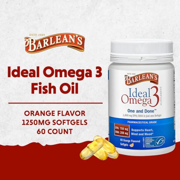 Barlean's Ideal Omega 3 Fish Oil Supplement, 1,000 mg Softgels, Pharmaceutical Grade EPA & DHA for Brain, Joint, & Heart Health, Orange Flavor, 60 ct - Image 3